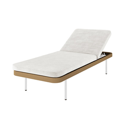Culion Wicker & Aluminium Outdoor Sun Lounger in Light Beige features a modern design with an adjustable backrest, slim brown-wrapped frame, slender white metal legs, and plush white cushion for luxurious relaxation.