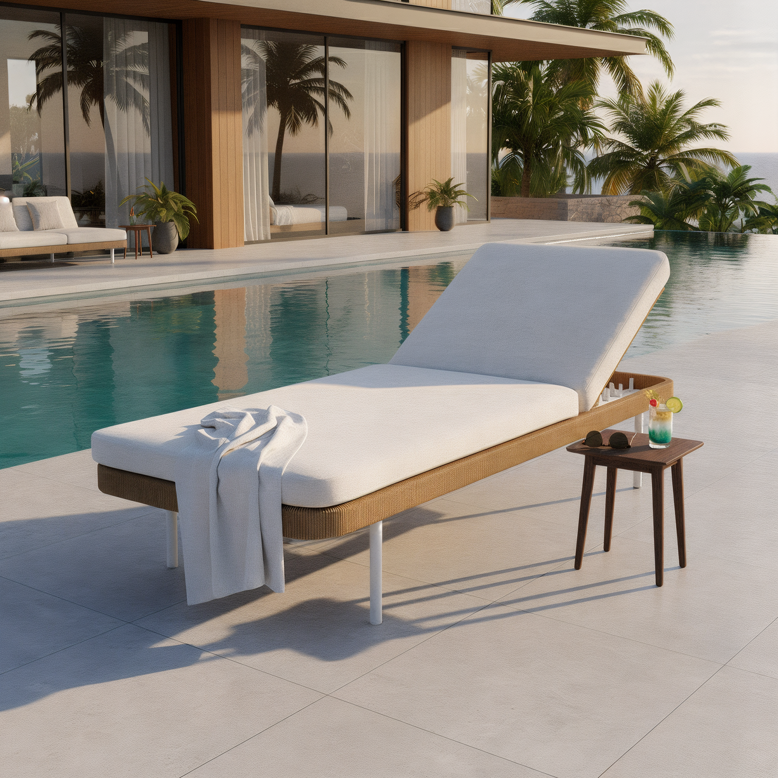 Culion Wicker & Aluminium Outdoor Sun Lounger in Light Beige, featuring plush white cushioning, beside an infinity pool under warm sunlight, with a cocktail and sunglasses on a nearby wooden table.
