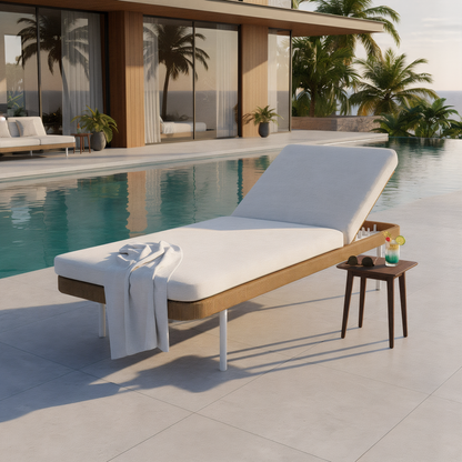 Culion Wicker & Aluminium Outdoor Sun Lounger in Light Beige, featuring plush white cushioning, beside an infinity pool under warm sunlight, with a cocktail and sunglasses on a nearby wooden table.