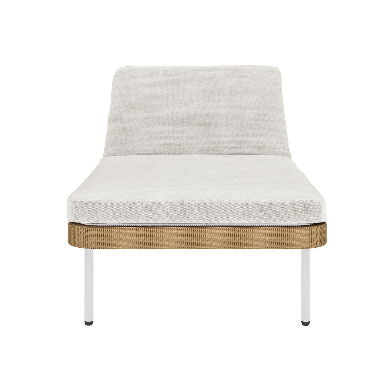 Culion Wicker & Aluminium Outdoor Sun Lounger in Light Beige, featuring a cushioned platform with an inclined backrest, woven-style skirt, and slim metal legs, exemplifies modern outdoor luxury.