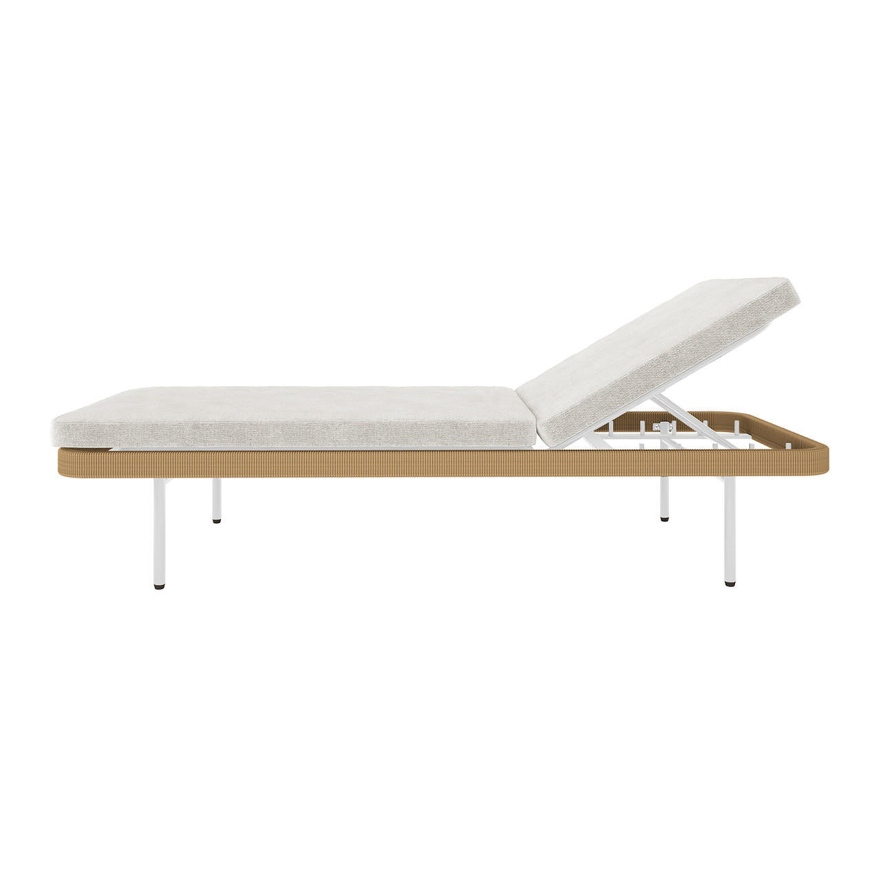 Culion Wicker & Aluminium Outdoor Sun Lounger in Light Beige, featuring a minimalist design with white metal legs, tan rope-like trim, and adjustable off-white cushions for versatile outdoor relaxation.