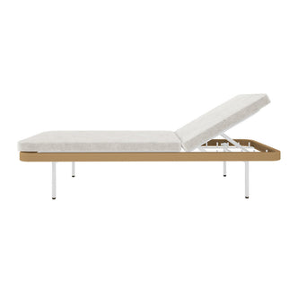 Culion Wicker & Aluminium Outdoor Sun Lounger in Light Beige, featuring a minimalist design with white metal legs, tan rope-like trim, and adjustable off-white cushions for versatile outdoor relaxation.