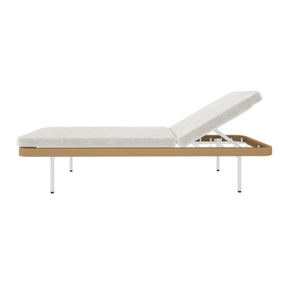 Culion Wicker & Aluminium Outdoor Sun Lounger in Light Beige, featuring a minimalist design with white metal legs, tan rope-like trim, and adjustable off-white cushions for versatile outdoor relaxation.