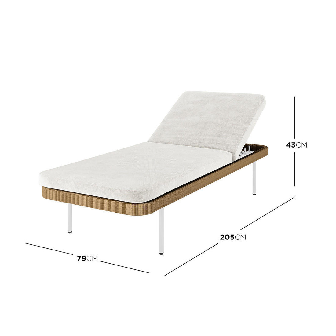 Culion Wicker & Aluminium Outdoor Sun Lounger in Light Beige with adjustable backrest, white upholstered cushion on a brown woven-look frame, supported by four slim white metal legs, dimensions 205x79x43cm.