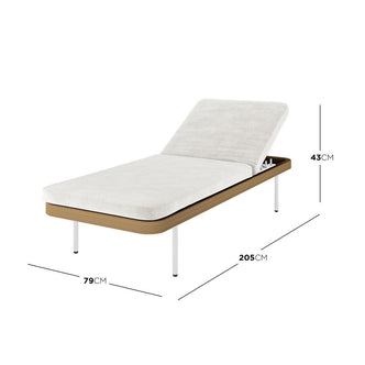 Culion Wicker & Aluminium Outdoor Sun Lounger in Light Beige with adjustable backrest, white upholstered cushion on a brown woven-look frame, supported by four slim white metal legs, dimensions 205x79x43cm.