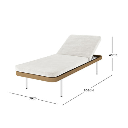 Culion Wicker & Aluminium Outdoor Sun Lounger in Light Beige with adjustable backrest, white upholstered cushion on a brown woven-look frame, supported by four slim white metal legs, dimensions 205x79x43cm.