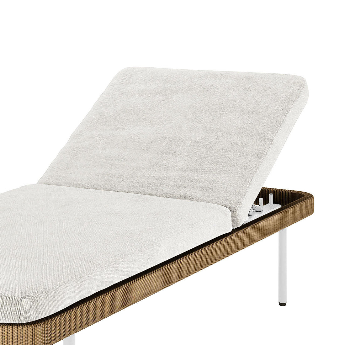 Culion Wicker & Aluminium Outdoor Sun Lounger in Light Beige, featuring a propped backrest, brown woven frame, white metal leg, and chrome control knobs for adjustable reclining.