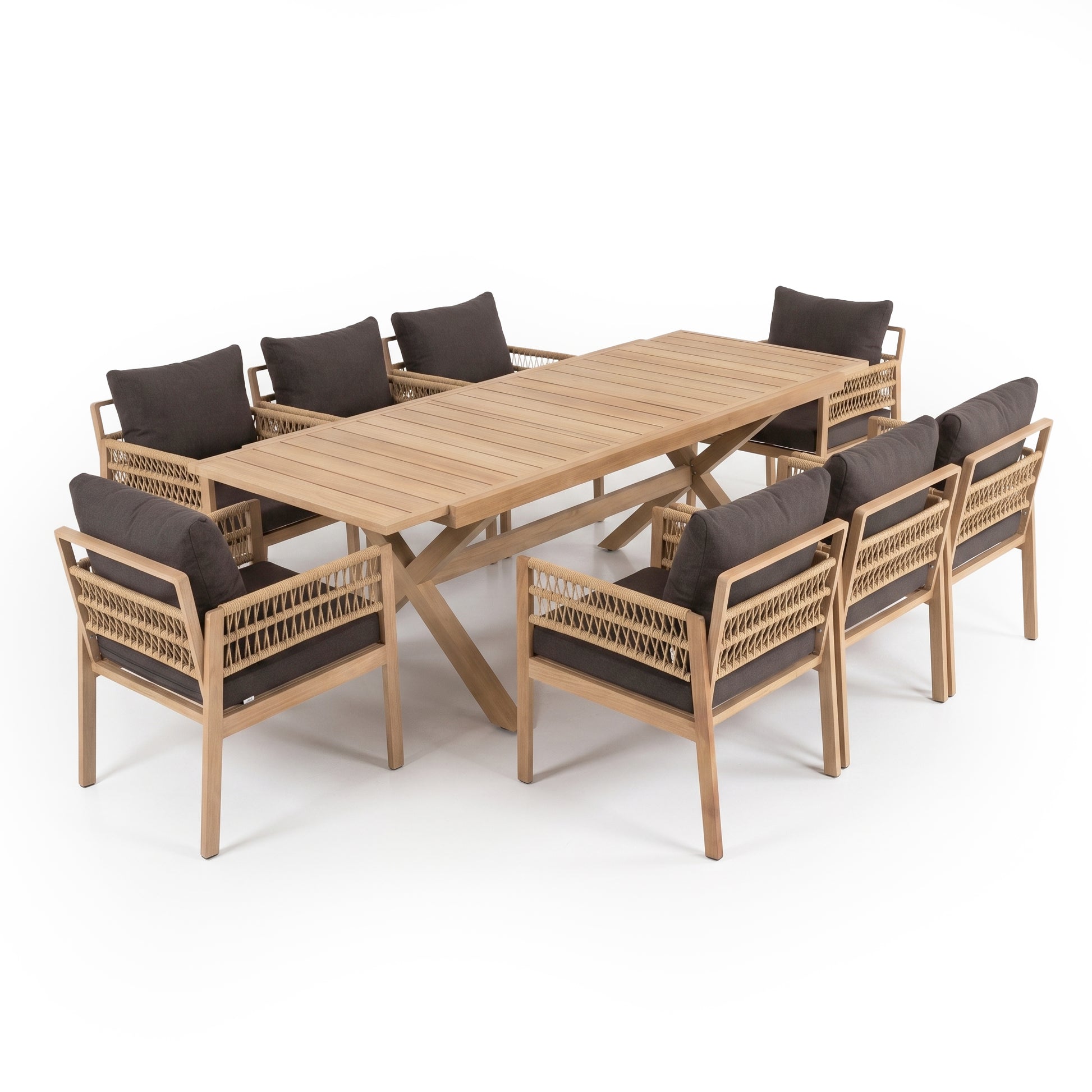 Wooden dining set with rectangular table and eight chairs on white background
