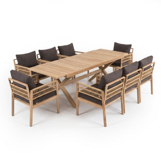 Wooden dining set with rectangular table and eight chairs on white background
