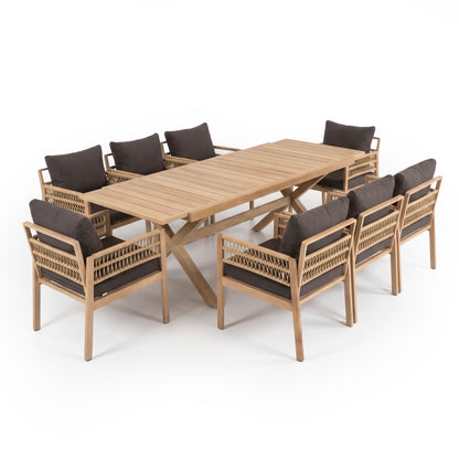 Wooden dining set with rectangular table and eight chairs on white background