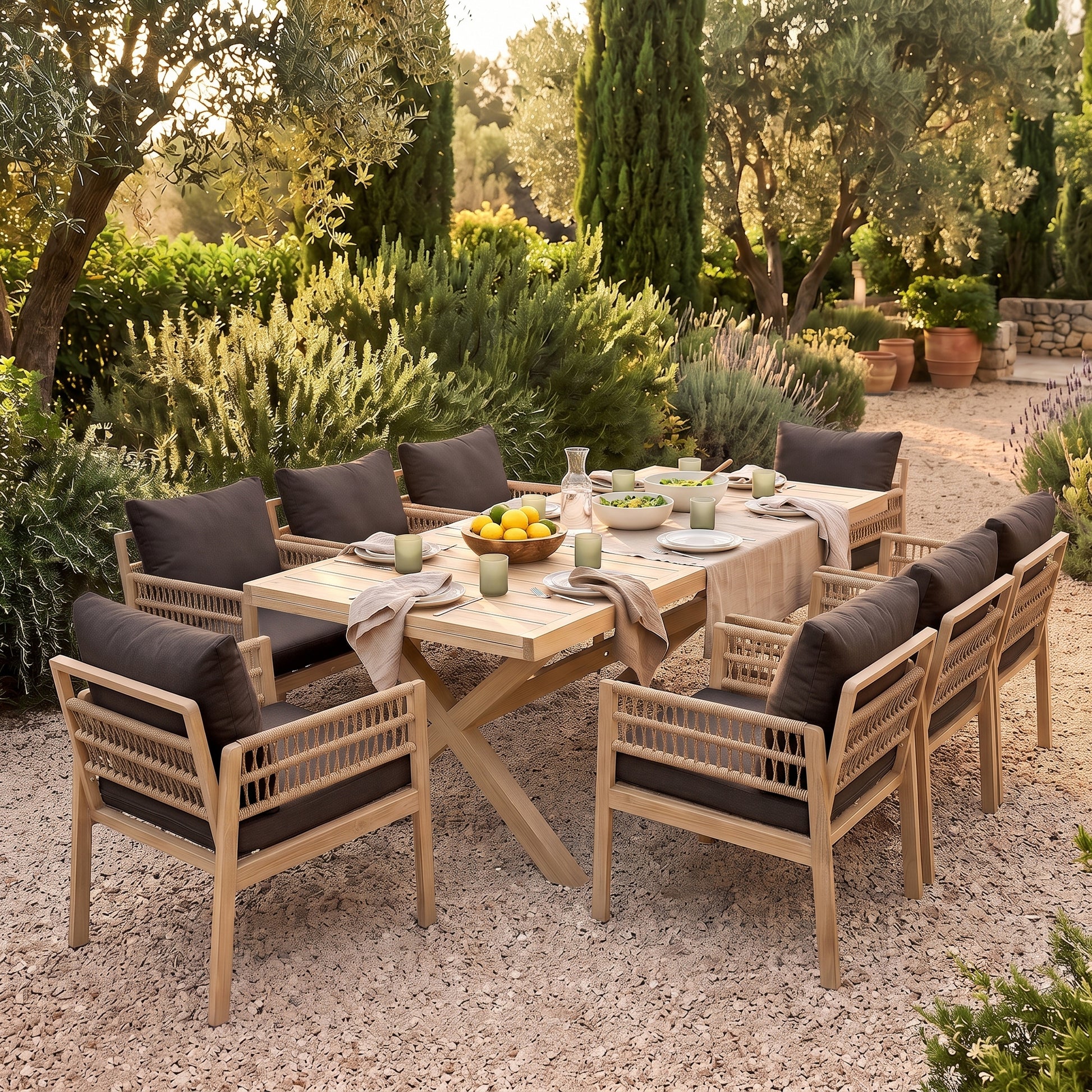Outdoor wooden dining set with eight chairs arranged in a garden setting