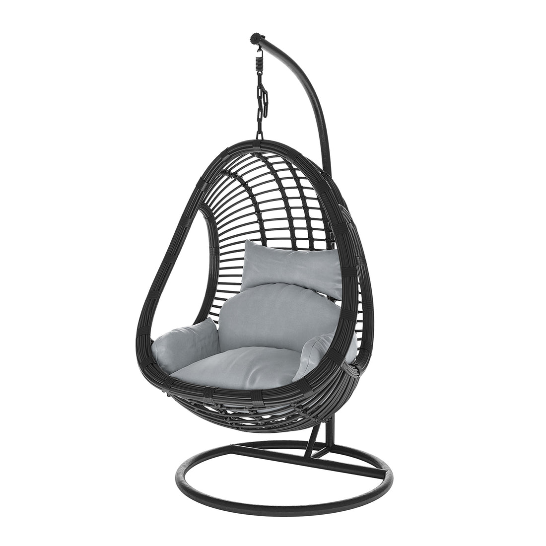 Deanna Curved Rattan Hanging Outdoor Egg Chair in Black features a freestanding, egg-shaped wicker shell, suspended from a curved metal frame with plush gray cushions for comfort.