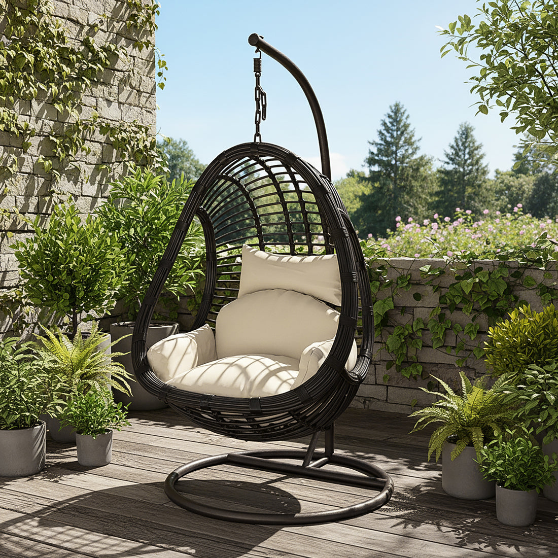 Deanna Curved Rattan Hanging Outdoor Egg Chair in Black, featuring a woven frame with cream cushions, nestled on a wooden terrace surrounded by lush greenery and a stone wall draped in ivy.