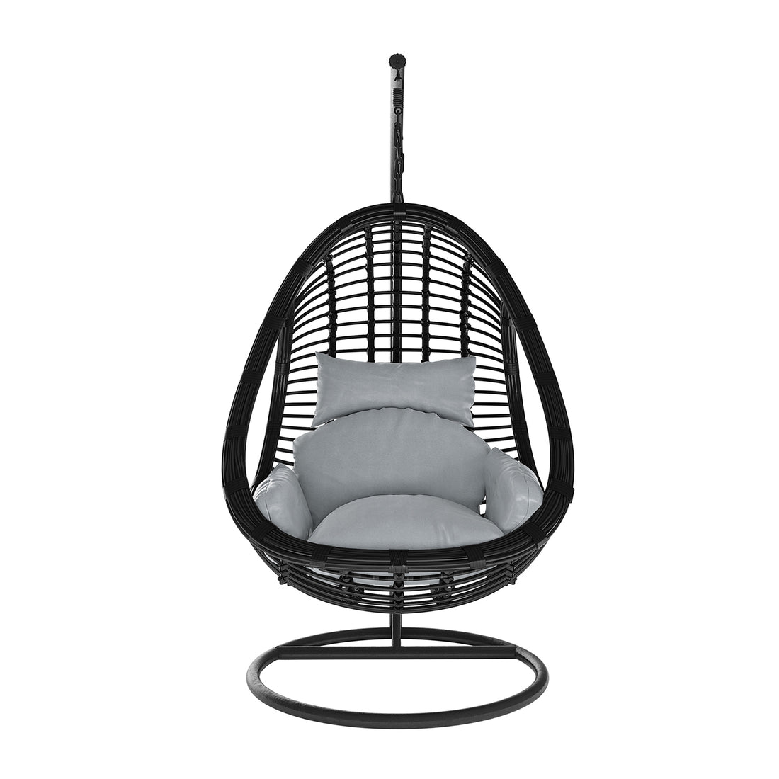 Deanna Curved Rattan Hanging Outdoor Egg Chair in Black features a freestanding egg-shaped design with black woven rattan and plush light-gray cushions, suspended from a sturdy arched metal stand.