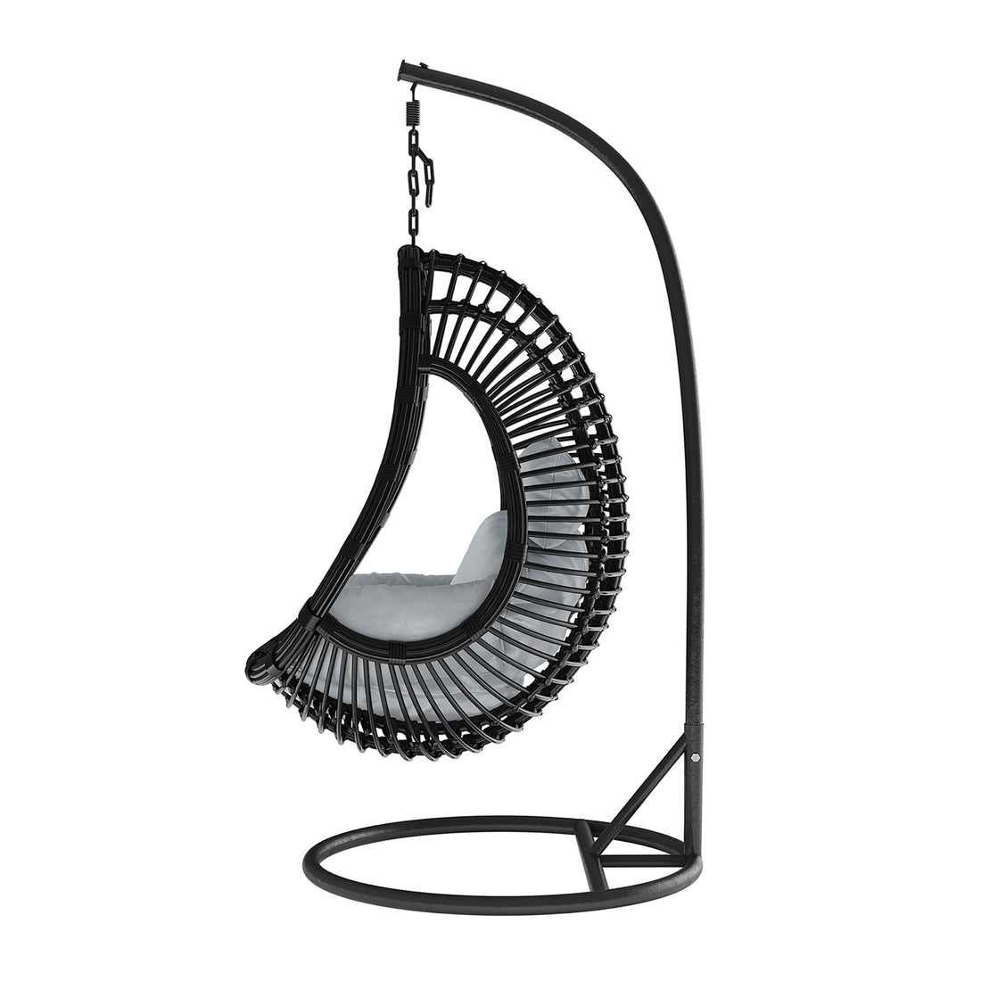 Deanna Curved Rattan Hanging Outdoor Egg Chair in Black features a teardrop-shaped woven seat with a plush cushion, suspended by a short chain from a curved metal base and support arm.