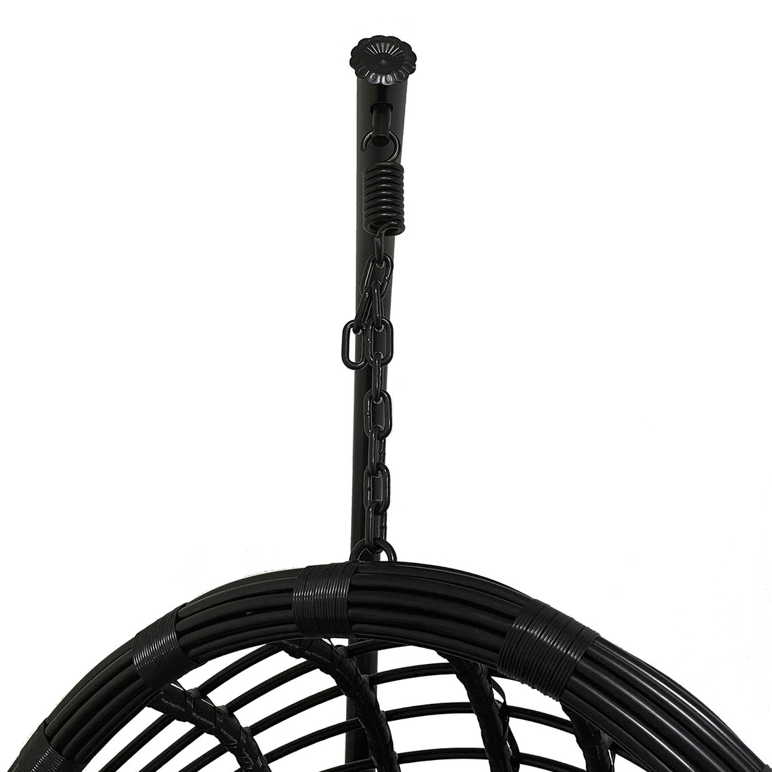 Ceiling hook and chain of Deanna Curved Rattan Hanging Outdoor Egg Chair in Black, showcasing its durable woven frame, designed for versatile indoor or outdoor seating.