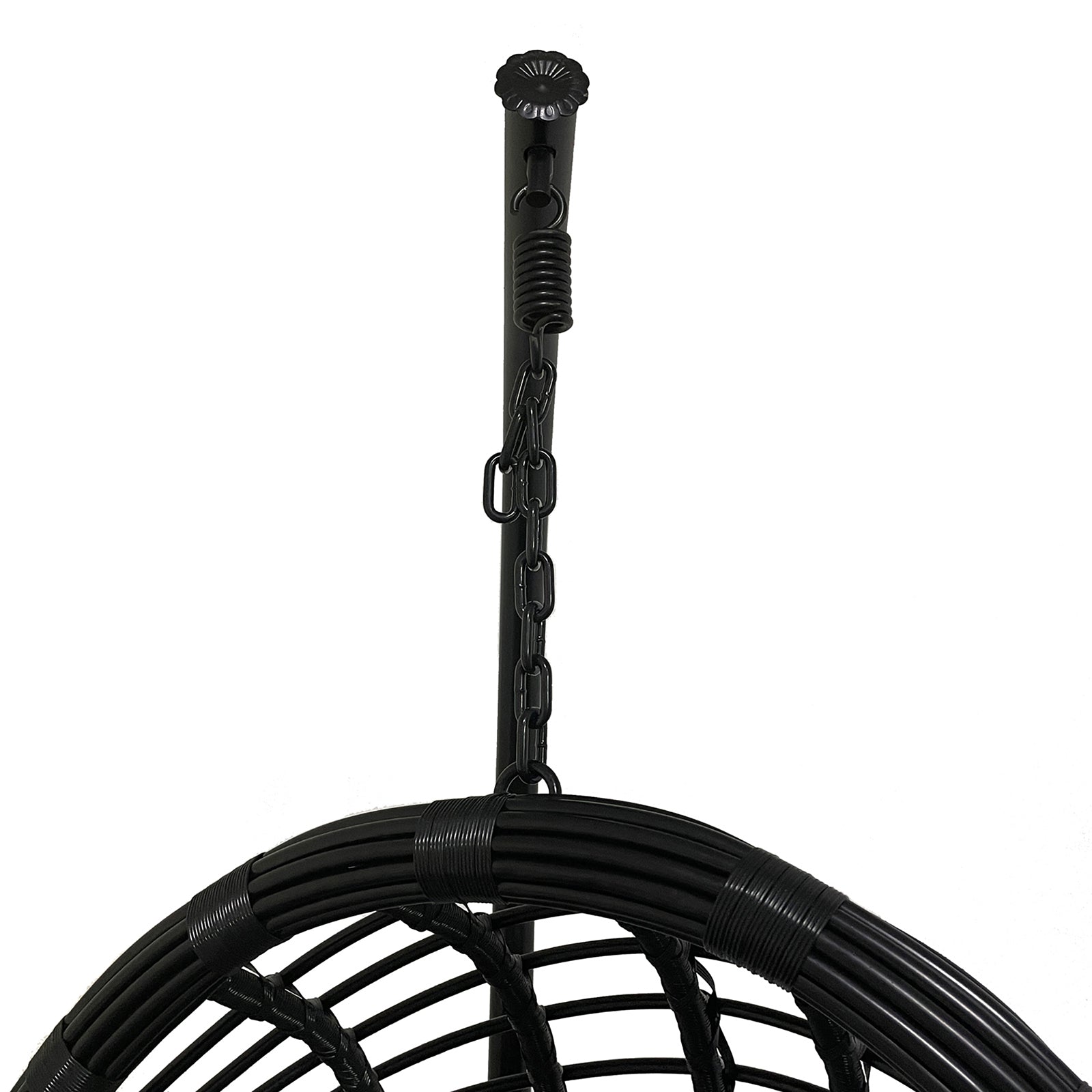 Ceiling hook and chain of Deanna Curved Rattan Hanging Outdoor Egg Chair in Black, showcasing its durable woven frame, designed for versatile indoor or outdoor seating.