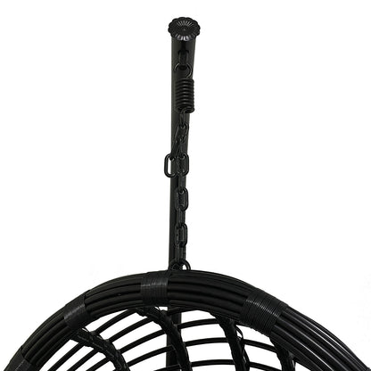 Ceiling hook and chain of Deanna Curved Rattan Hanging Outdoor Egg Chair in Black, showcasing its durable woven frame, designed for versatile indoor or outdoor seating.