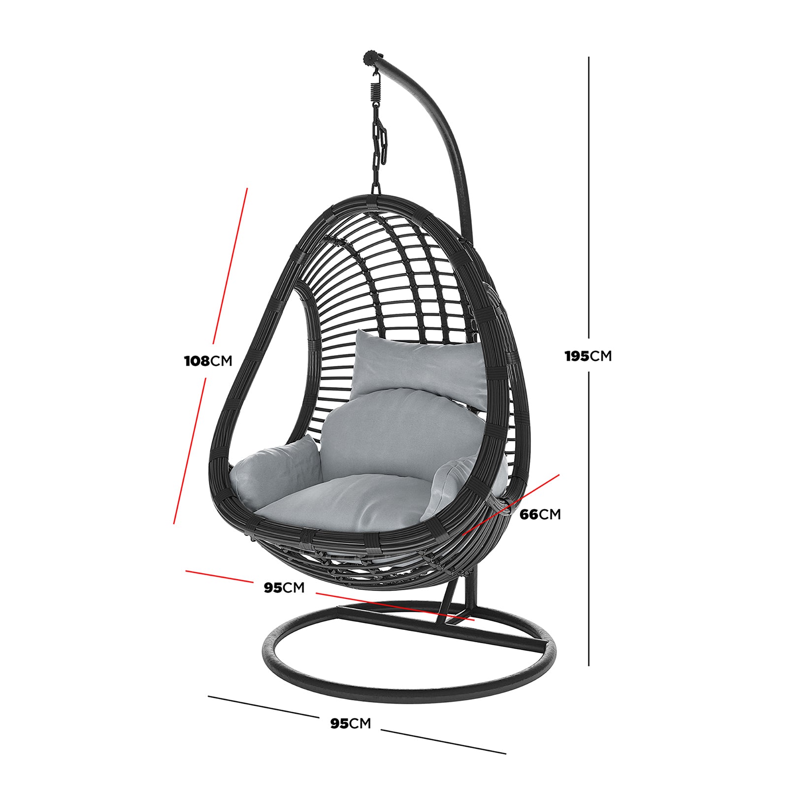 Deanna Curved Rattan Hanging Outdoor Egg Chair in Black, featuring a dark woven shell on a curved stand, light gray cushions, and key dimensions highlighted in red and black lines for reference.
