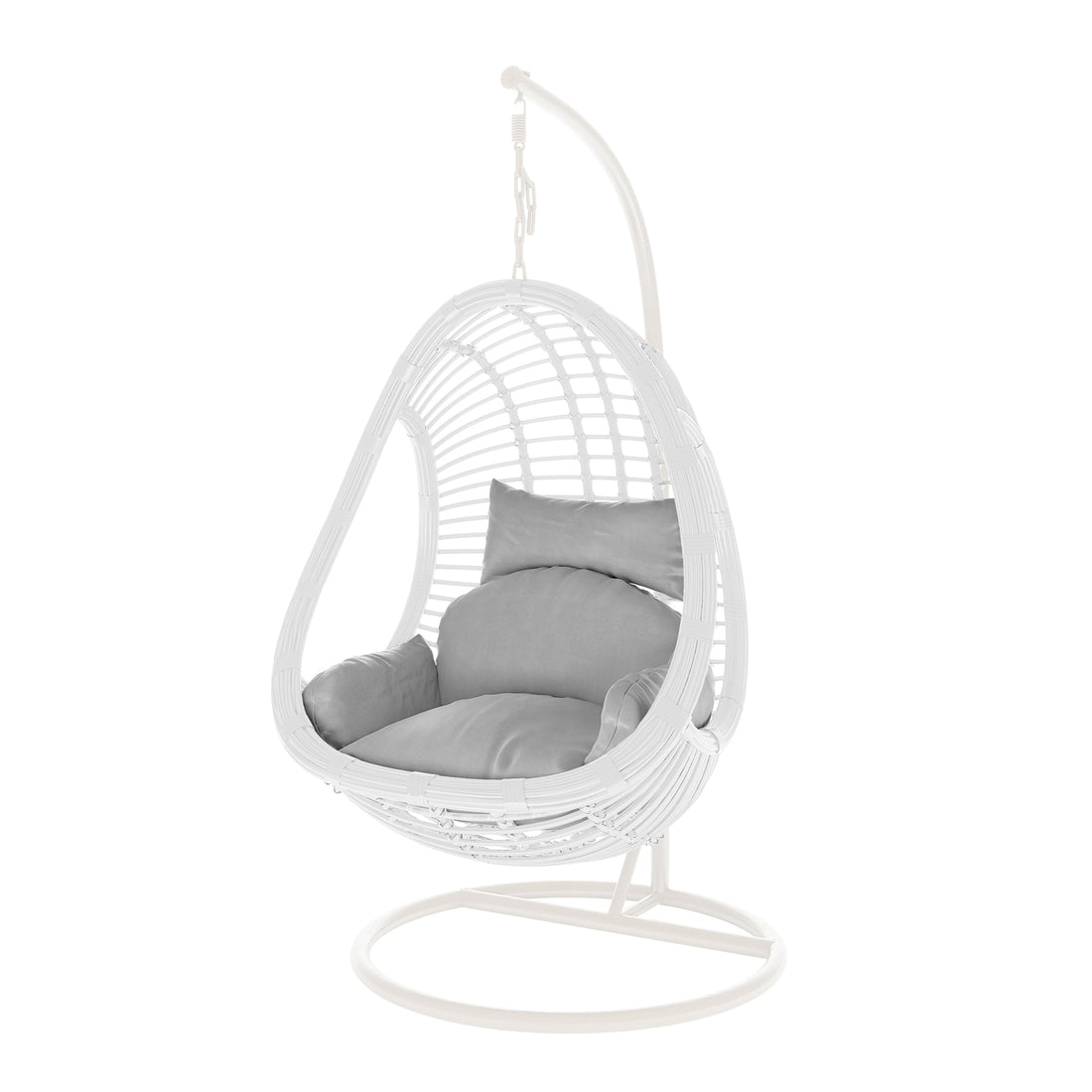 Deanna Curved Rattan Hanging Outdoor Egg Chair in White, featuring a woven cocoon-shaped seat with plush cushioned pads, suspended from a curved metal stand, ideal for indoor or patio lounging.
