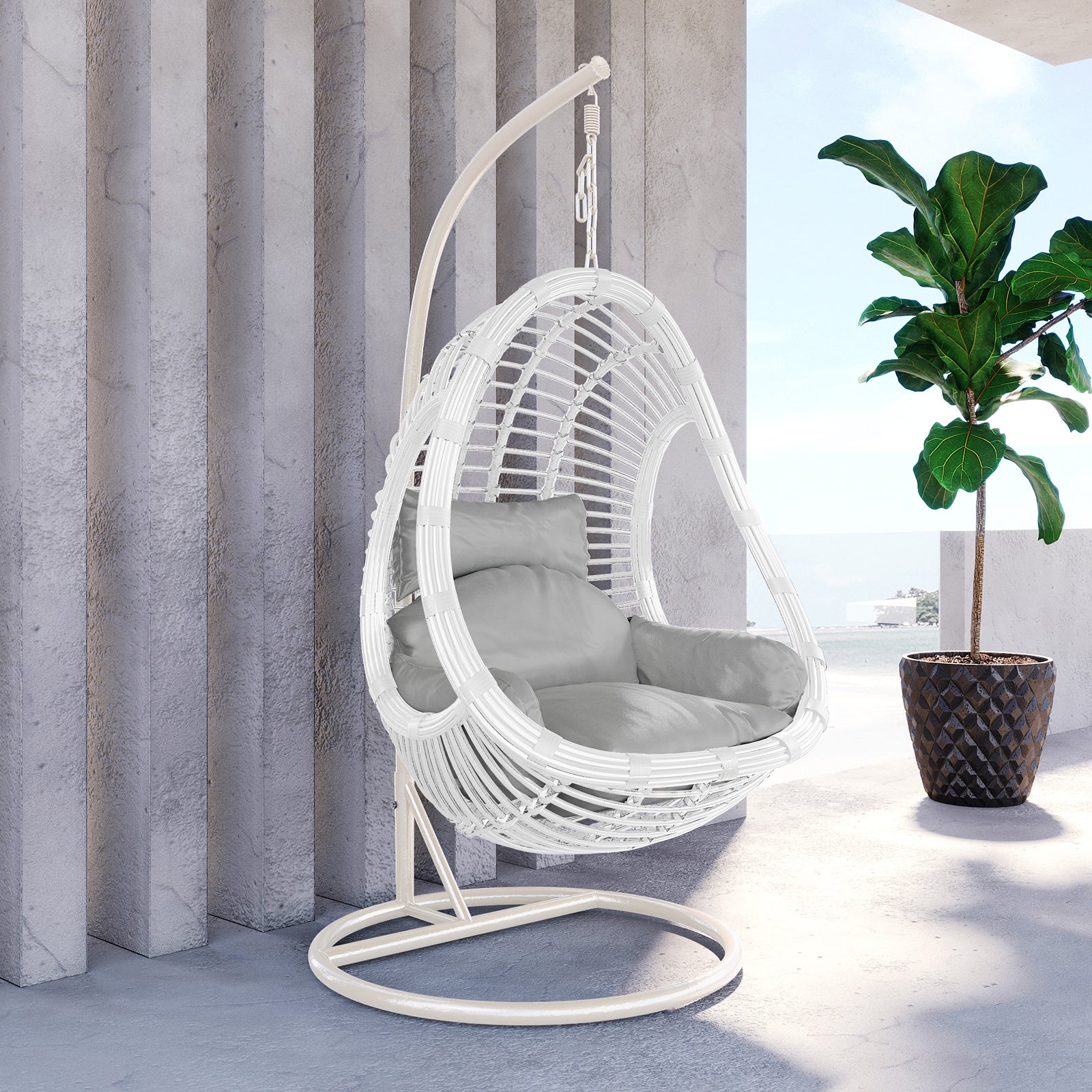 Deanna Curved Rattan Hanging Outdoor Egg Chair in White – Luxo Living