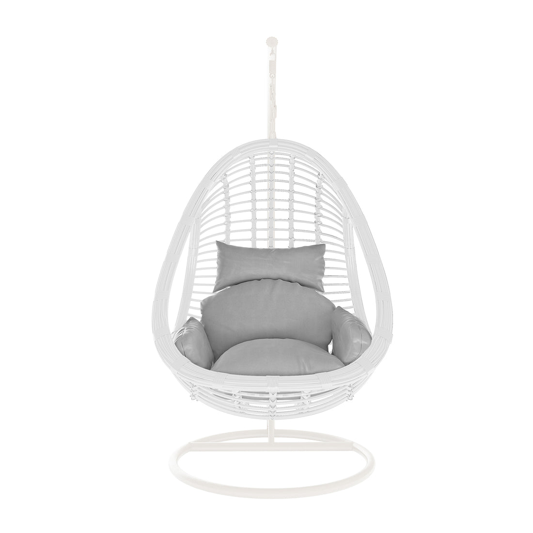 Deanna Curved Rattan Hanging Outdoor Egg Chair in White: A woven shell on an arched metal frame with plush gray cushions, ideal for stylish, comfortable indoor or outdoor seating.