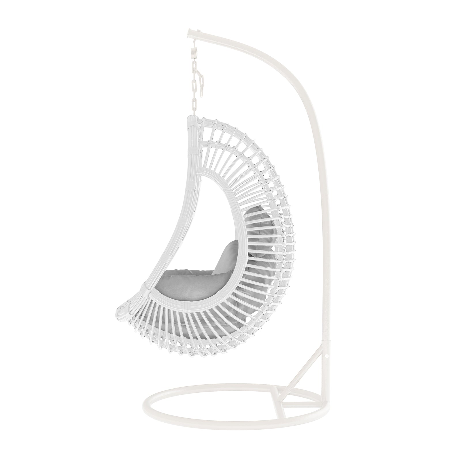 Deanna Curved Rattan Hanging Outdoor Egg Chair in White, featuring a woven rattan-style frame, suspended by a metal stand, with a plush cushion nestled inside, offering versatile, stylish outdoor seating.