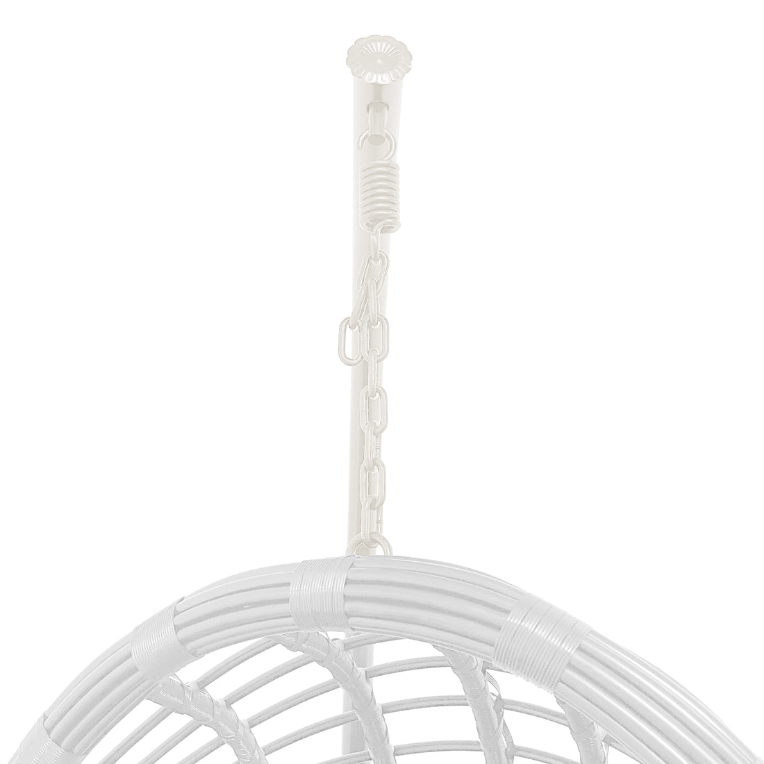 Deanna Curved Rattan Hanging Outdoor Egg Chair in White features a flower-shaped ceiling mount, coiled spring, chain, and woven seat rim, ideal for stylish, versatile outdoor seating.