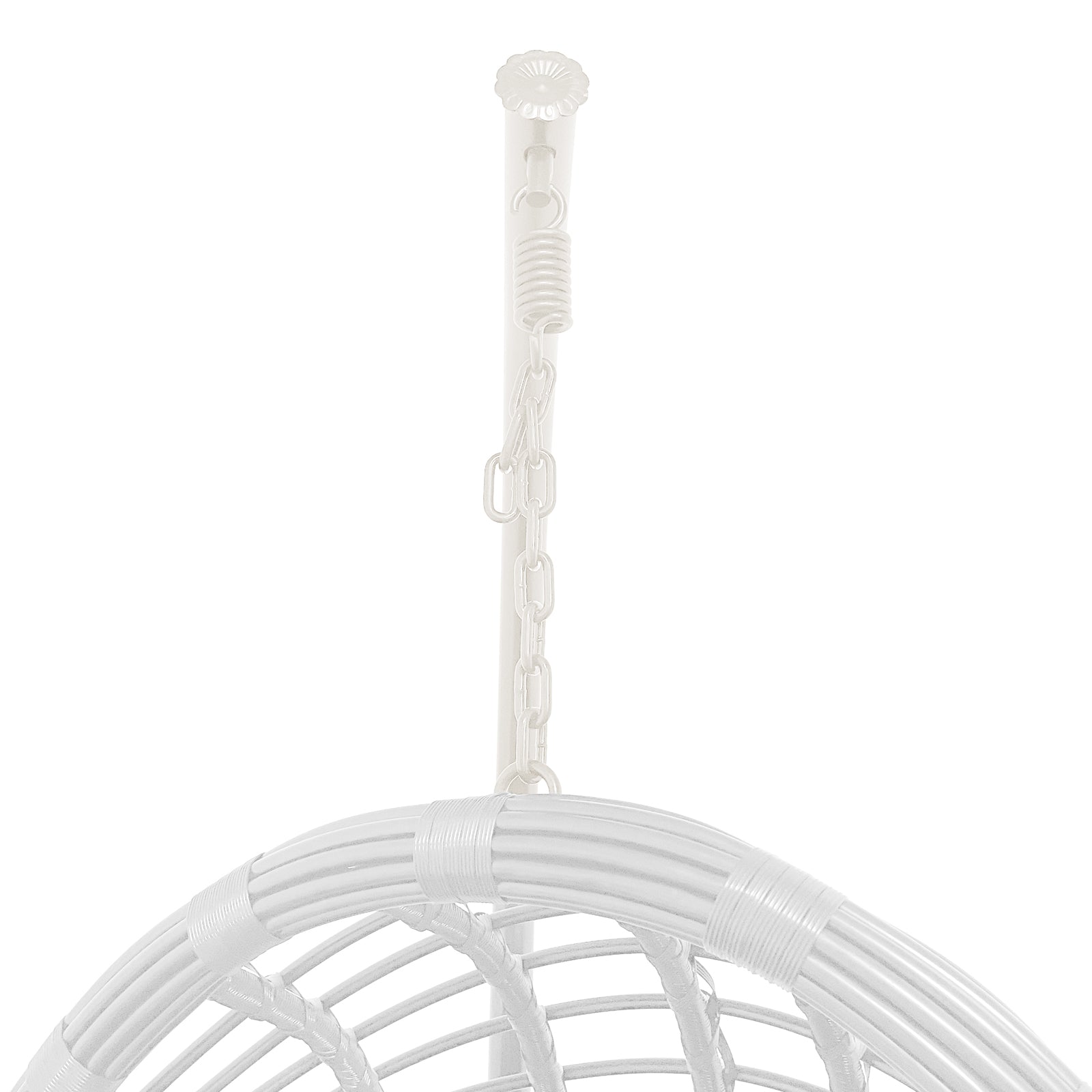 Deanna Curved Rattan Hanging Outdoor Egg Chair in White features a flower-shaped ceiling mount, coiled spring, chain, and woven seat rim, ideal for stylish, versatile outdoor seating.