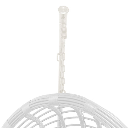 Deanna Curved Rattan Hanging Outdoor Egg Chair in White features a flower-shaped ceiling mount, coiled spring, chain, and woven seat rim, ideal for stylish, versatile outdoor seating.