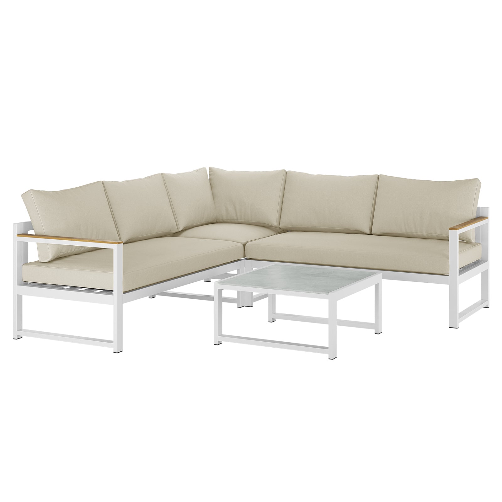 Deloran 5-Seater Modular Corner Aluminium Outdoor Lounge Set's white pillow on a couch, emphasizing its sleek, modern design and inviting comfort for outdoor relaxation.