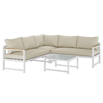 Deloran 5-Seater Modular Corner Aluminium Outdoor Lounge Set's white pillow on a couch, emphasizing its sleek, modern design and inviting comfort for outdoor relaxation.