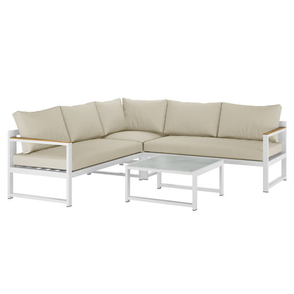 Deloran 5-Seater Modular Corner Aluminium Outdoor Lounge Set's white pillow on a couch, emphasizing its sleek, modern design and inviting comfort for outdoor relaxation.