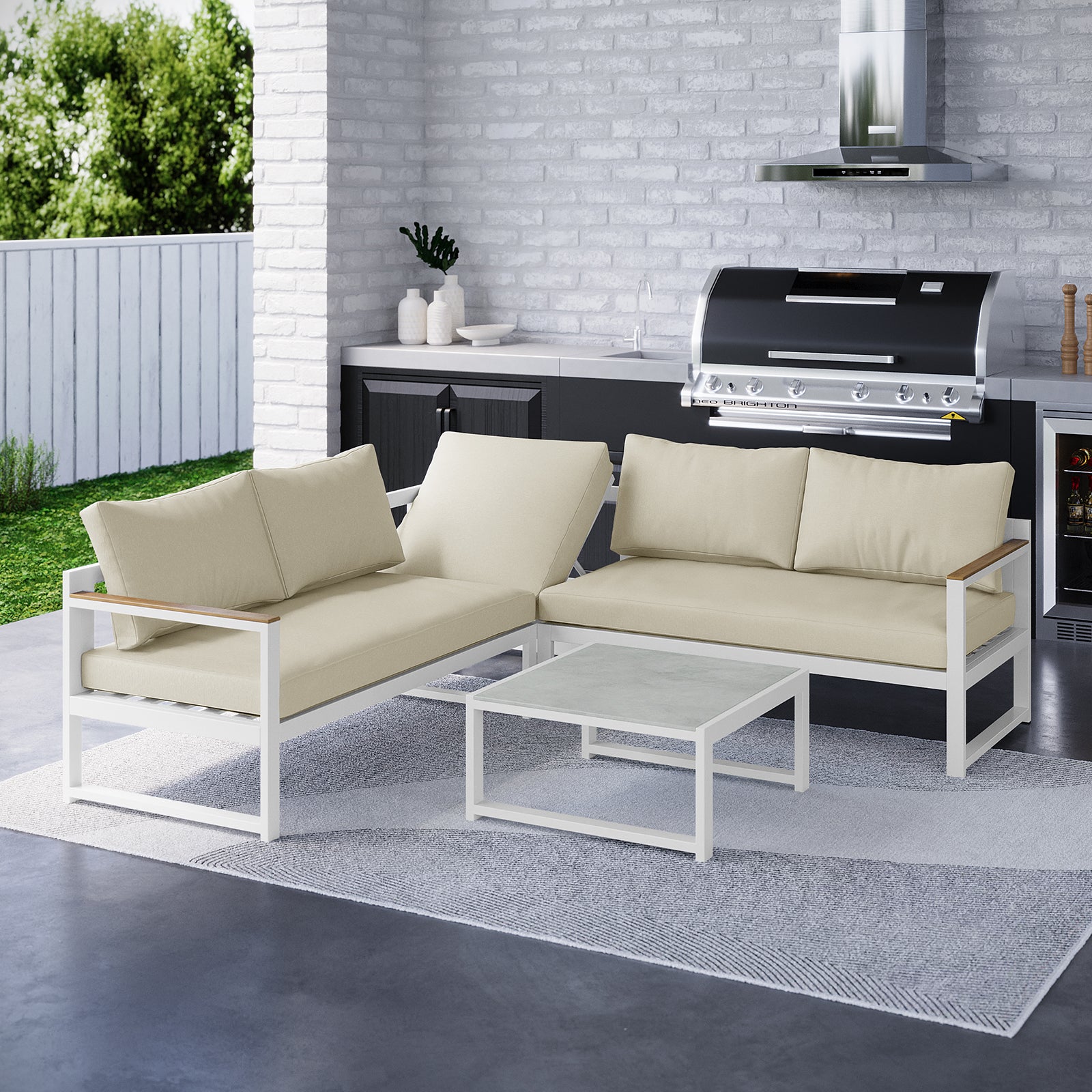 Deloran 5 Seater Stone Tabletop Outdoor Sofa Set in Beige features a modern L-shaped design with a sleek coffee table, creating a stylish and inviting outdoor living space.