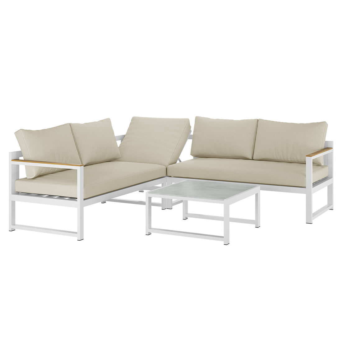 Deloran 5-Seater Modular Corner Aluminium Outdoor Lounge Set, showcasing its sleek design with plush cushions and a durable aluminium frame, highlighting its comfort and modern outdoor appeal.