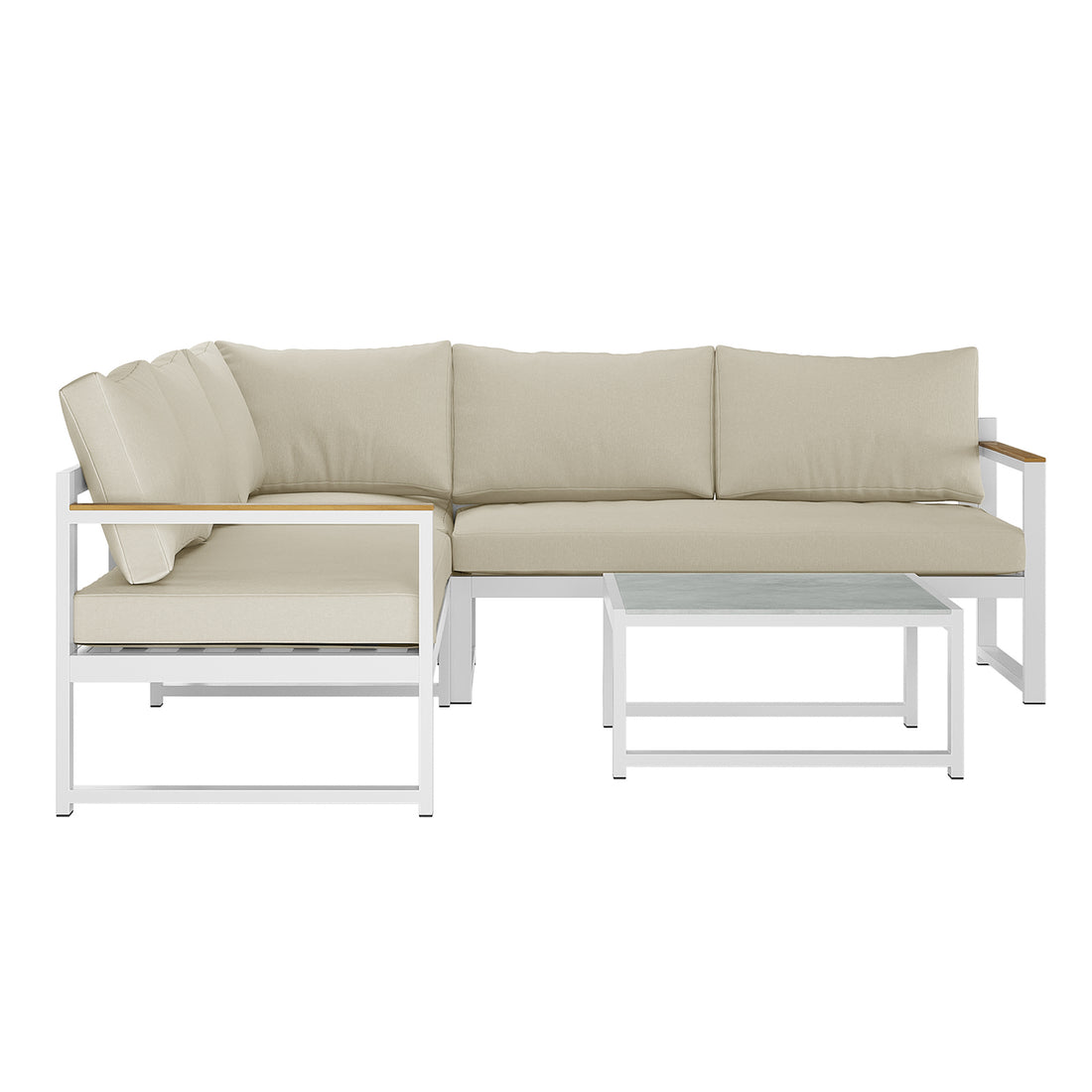 Deloran 5-Seater Modular Corner Aluminium Outdoor Lounge Set featuring plush cushions and a sleek aluminium frame, showcasing its modern design and robust build.
