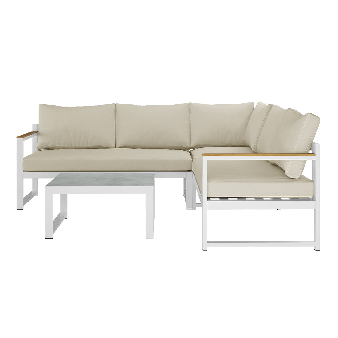 Deloran 5-Seater Modular Corner Aluminium Outdoor Lounge Set, showcasing plush cushions designed for comfort in outdoor spaces.