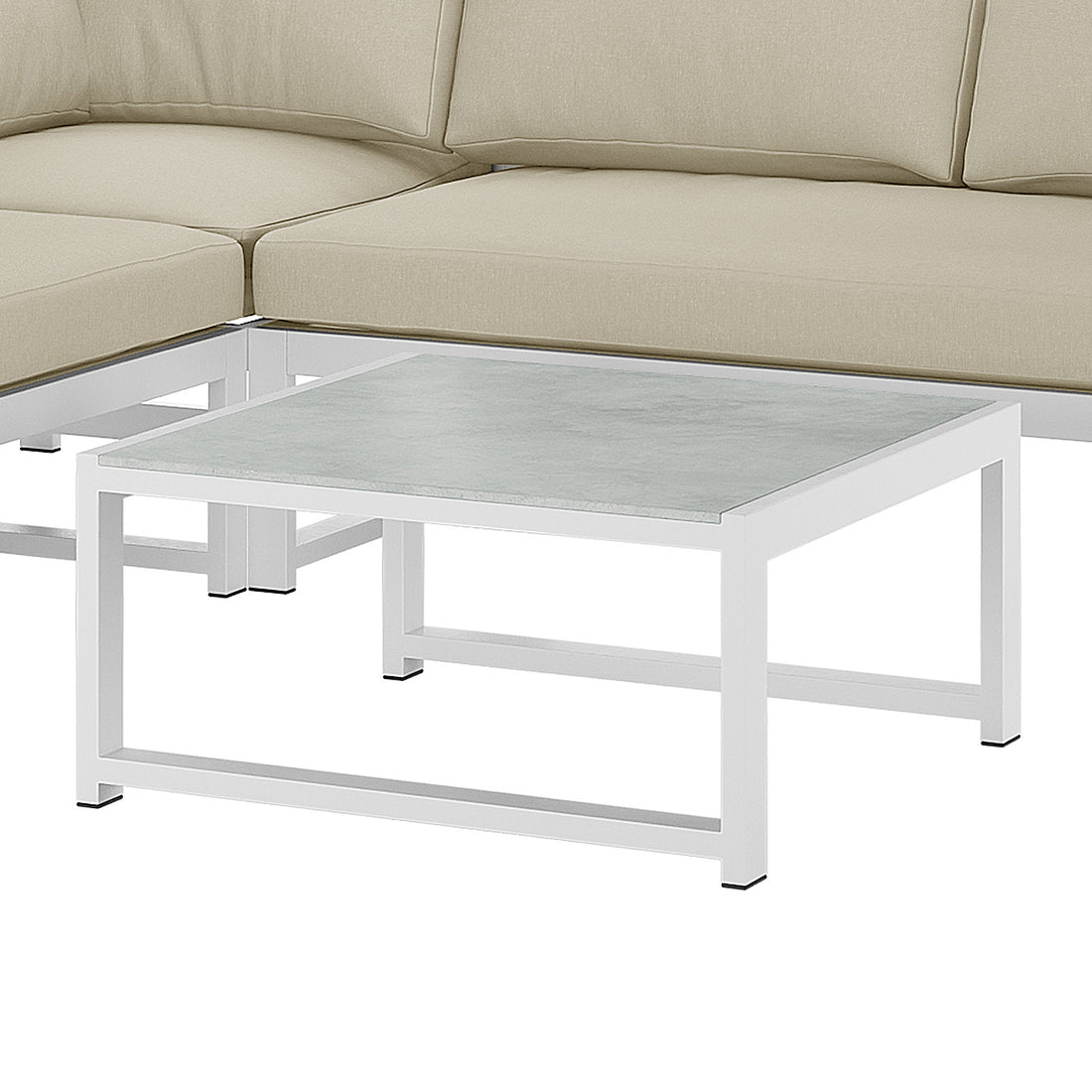 Close-up of the Deloran 5-Seater Modular Corner Aluminium Outdoor Lounge Set showcasing sleek lines and modern design with plush cushions on a sturdy aluminium frame, complemented by a stylish coffee table.