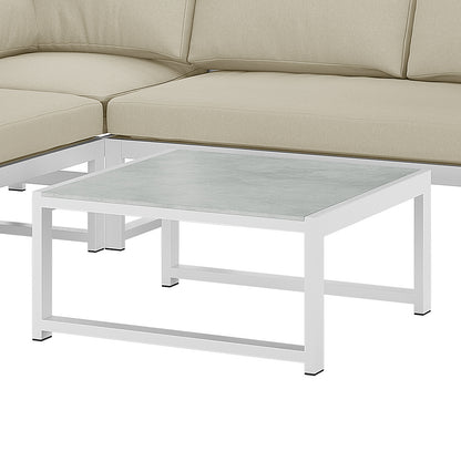 Close-up of the Deloran 5-Seater Modular Corner Aluminium Outdoor Lounge Set showcasing sleek lines and modern design with plush cushions on a sturdy aluminium frame, complemented by a stylish coffee table.