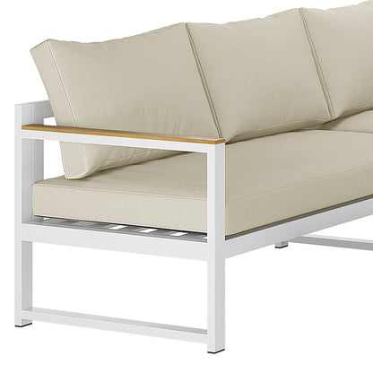 Close-up of the Deloran 5-Seater Modular Corner Aluminium Outdoor Lounge Set Beige, showcasing its sleek modular design, sturdy aluminium frame, soft cushions, and a stylish sintered stone coffee table.