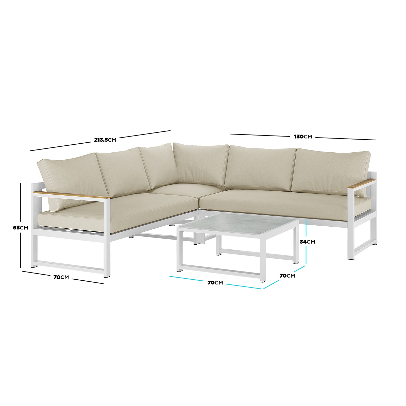 Dimension of the Deloran 5-Seater Modular Corner Aluminium Outdoor Lounge Set showcasing its sleek design, with a close-up of the plush cushions and sturdy aluminium frame, emphasizing comfort and durability for outdoor relaxation.