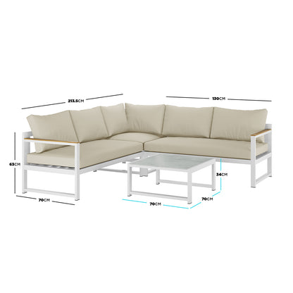 Dimension of the Deloran 5-Seater Modular Corner Aluminium Outdoor Lounge Set showcasing its sleek design, with a close-up of the plush cushions and sturdy aluminium frame, emphasizing comfort and durability for outdoor relaxation.