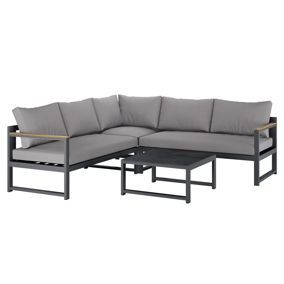 Deloran 5-Seater Modular Corner Aluminium Outdoor Lounge Set Grey featuring an L-shaped design with metal frames, light-gray cushions, wooden armrest inlays, and a matching low square coffee table.