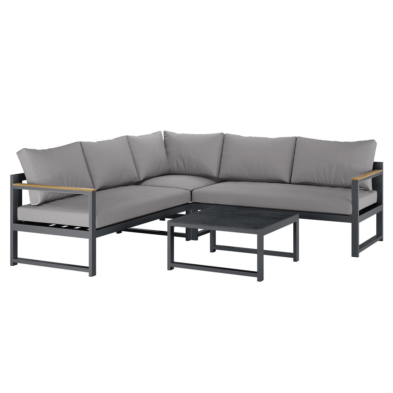 Deloran 5-Seater Modular Corner Aluminium Outdoor Lounge Set Grey featuring an L-shaped design with metal frames, light-gray cushions, wooden armrest inlays, and a matching low square coffee table.