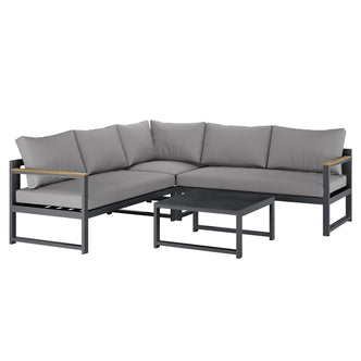 Deloran 5-Seater Modular Corner Aluminium Outdoor Lounge Set Grey featuring an L-shaped design with metal frames, light-gray cushions, wooden armrest inlays, and a matching low square coffee table.