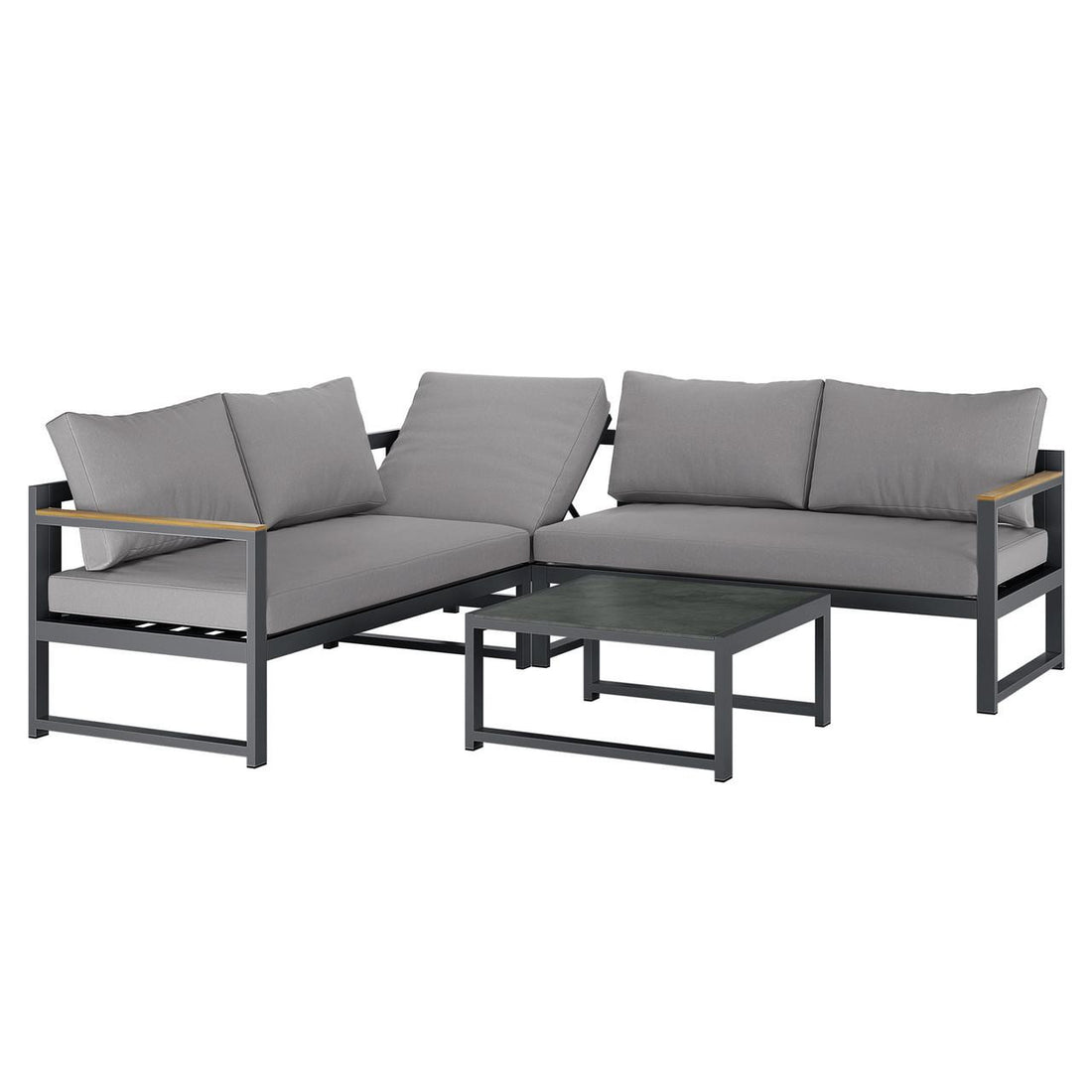 Deloran 5-Seater Modular Corner Aluminium Outdoor Lounge Set Grey featuring a two-piece L-shaped sectional sofa with gray cushions on a dark metal frame, accompanied by a matching low coffee table.