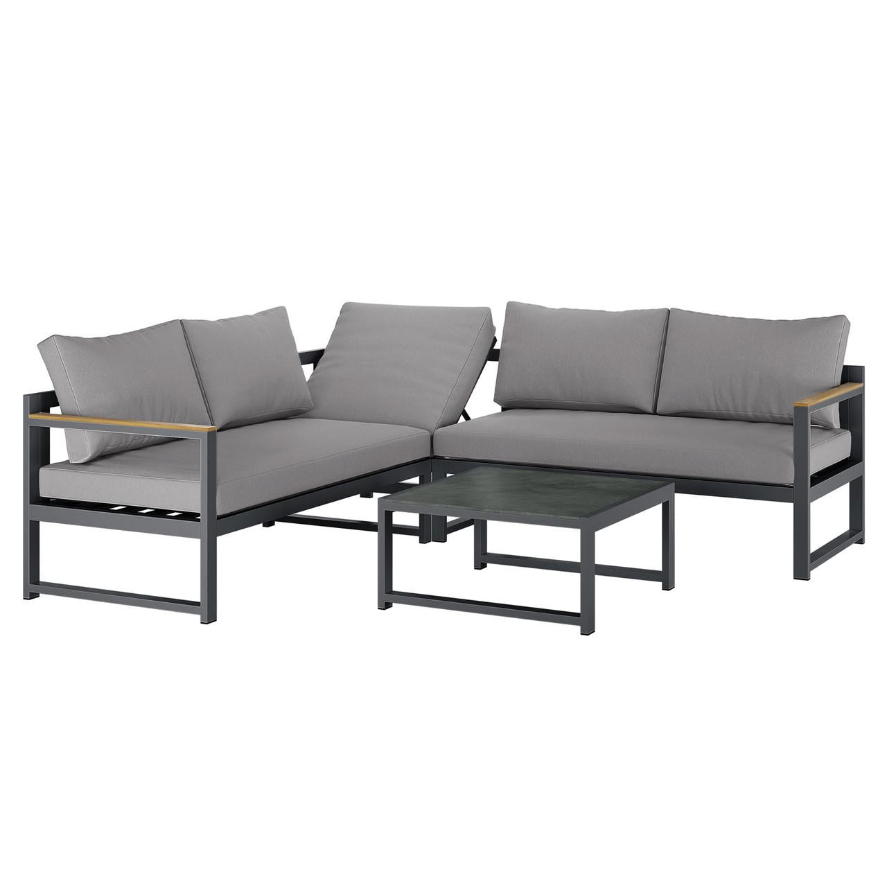 Deloran 5-Seater Modular Corner Aluminium Outdoor Lounge Set Grey featuring a two-piece L-shaped sectional sofa with gray cushions on a dark metal frame, accompanied by a matching low coffee table.