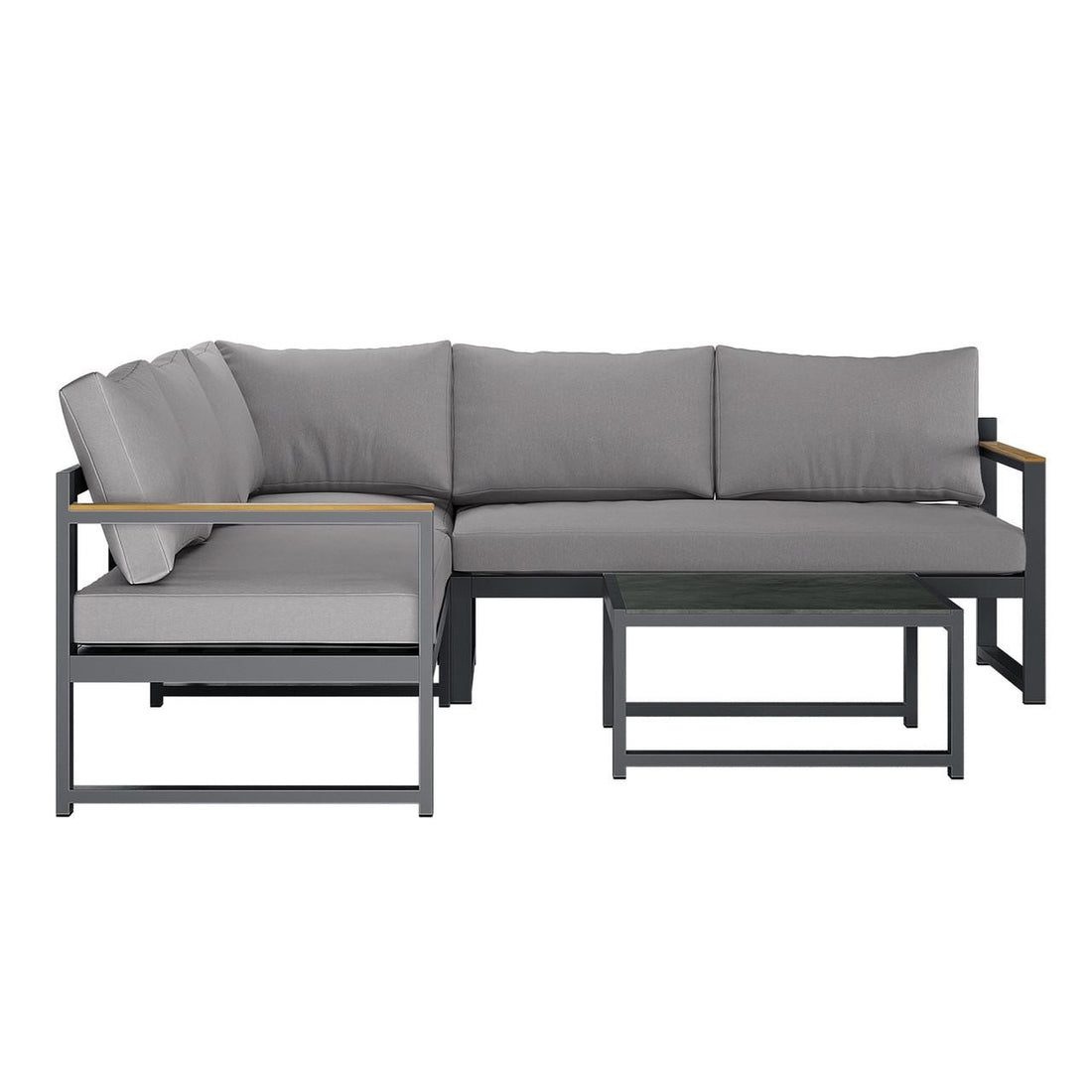 Deloran 5-Seater Modular Corner Aluminium Outdoor Lounge Set Grey with grey cushions on a dark metal frame, featuring an L-shaped sofa and matching rectangular coffee table.