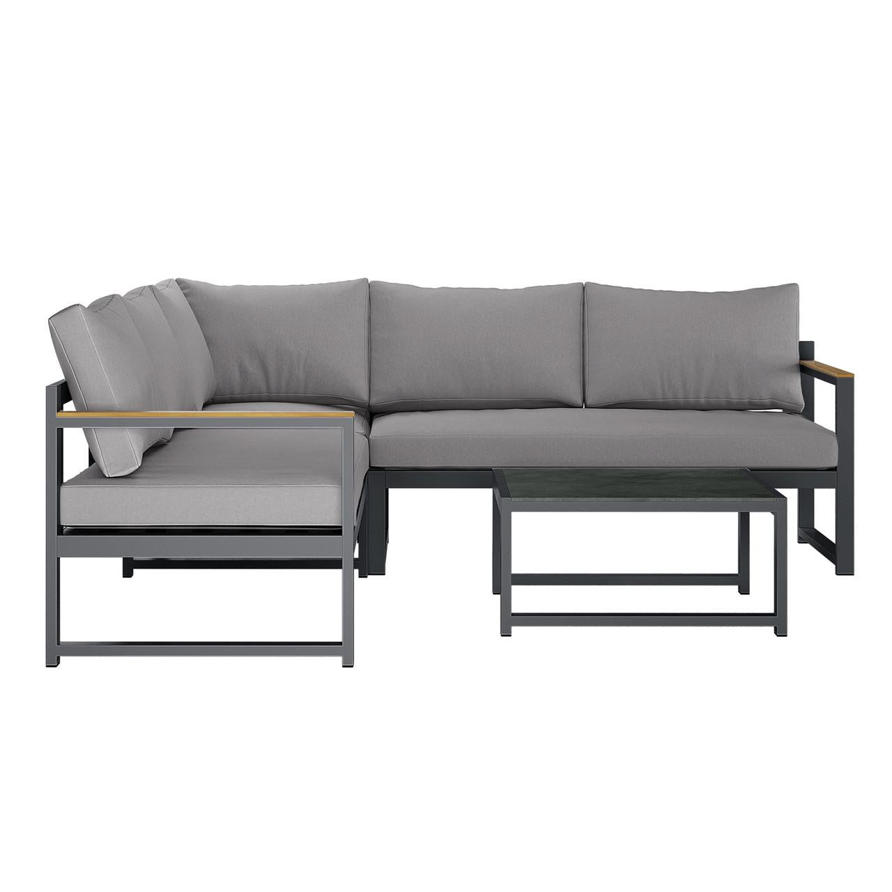 Deloran 5-Seater Modular Corner Aluminium Outdoor Lounge Set Grey with grey cushions on a dark metal frame, featuring an L-shaped sofa and matching rectangular coffee table.