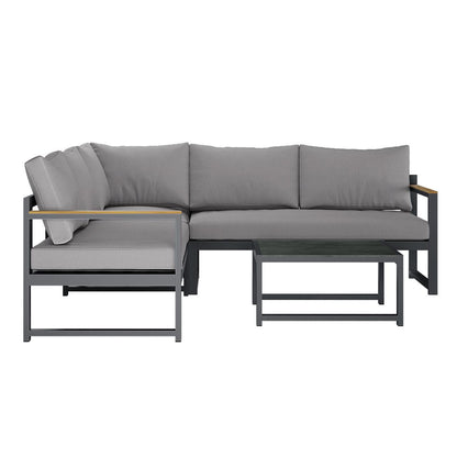 Deloran 5-Seater Modular Corner Aluminium Outdoor Lounge Set Grey with grey cushions on a dark metal frame, featuring an L-shaped sofa and matching rectangular coffee table.